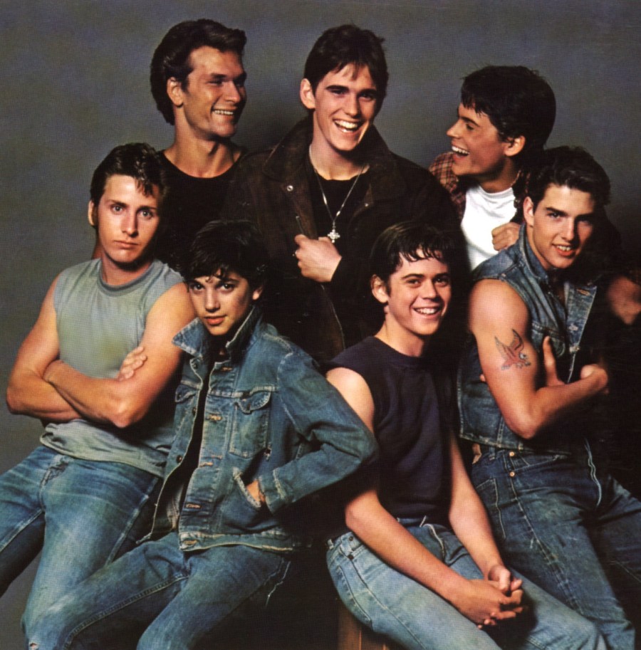 Emilio Estevez, Patrick Swayze, Ralph Macchio, Matt Dillon, C. Thomas Howell, Rob Lowe and Tom Cruise in The Outsiders
