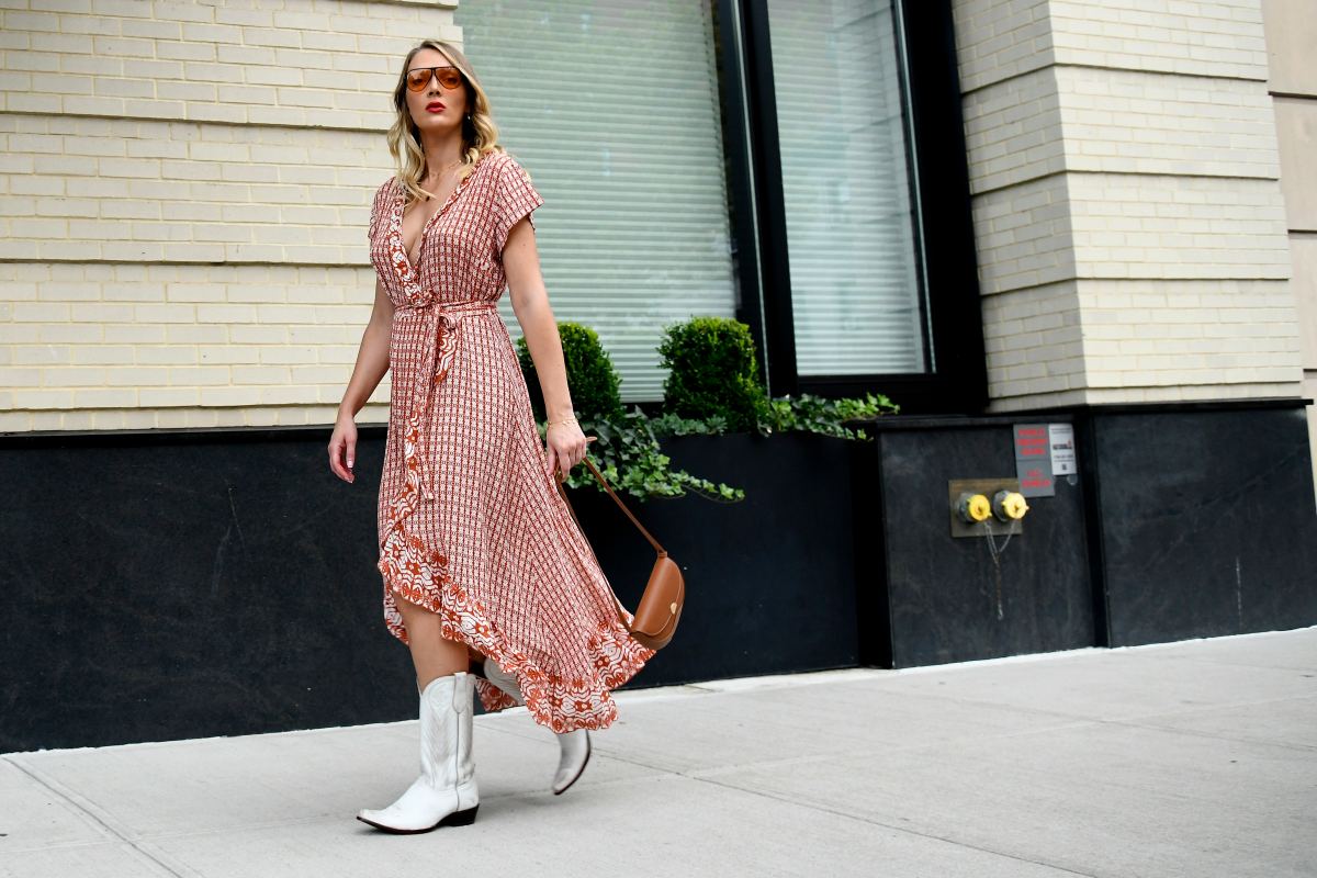 Victoria Jancke is seen wearing a dress and boots from Bootbarn, a bag from Oleada and jewelry from Purelei on September 10, 2022 in New York City.