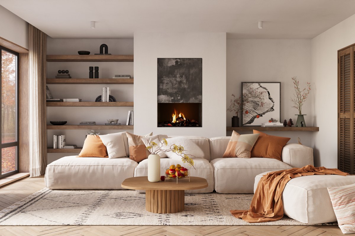 Minimalist living room interior with modern fireplace and white walls. Interior mockup, 3d render