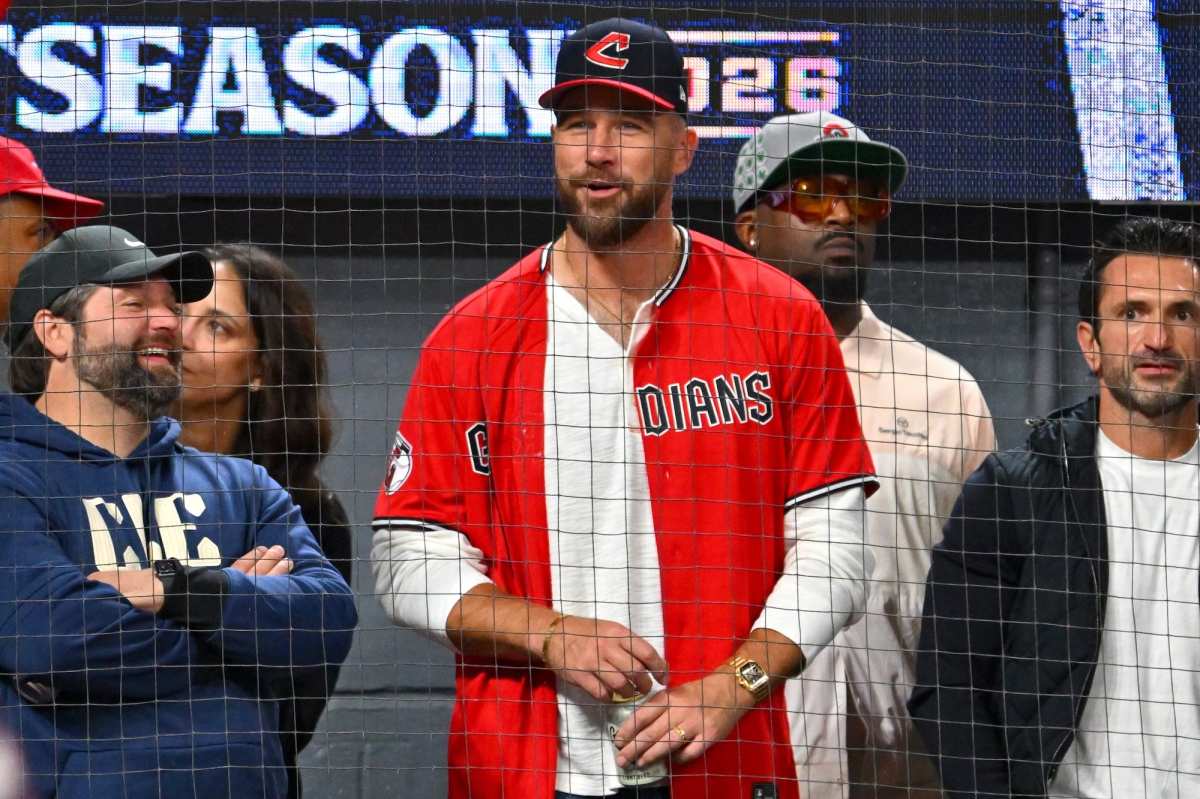 GettyImages-2299600572 Travis Kelce Rocks Cleveland Guardians Gear While Watching Team Win Pivotal Postseason Game