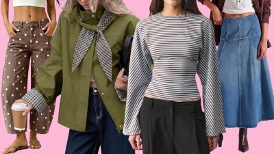 Polka dot pants, olive cropped trench, striped top and jean skirt
