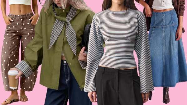 Polka dot pants, olive cropped trench, striped top and jean skirt