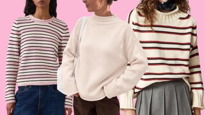 Pink striped, cream and white striped sweater