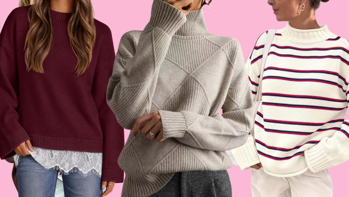 Burgundy lace sweater, geometric beige sweater and striped cream sweater