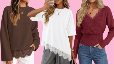 brown sweater, white T-shirt and burgundy wrap top