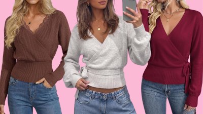 Brown, gray and burgundy wrap sweaters