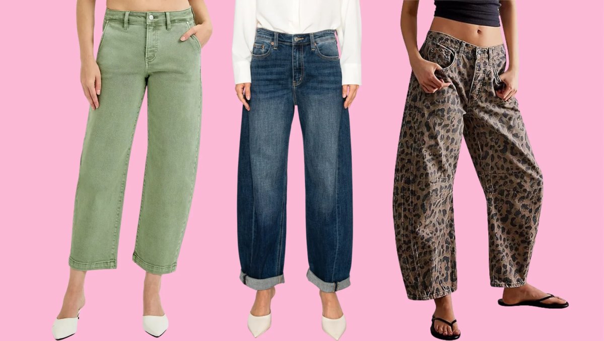green, blue and leopard print barrel jeans