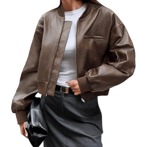 Cicy Bell Womens Faux Leather Bomber Jacket Cropped Biker Coat with Pockets