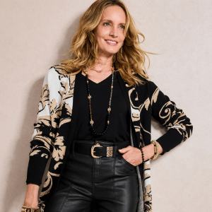 Woman wearing Chico's cardigan and leather pants