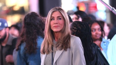 NEW YORK, NY - SEPTEMBER 02: Jennifer Aniston is seen on the set of Apple TV series "The Morning Show" in Times Square, Manhattan on September 02, 2026 in New York City. (Photo by Jose Perez/Bauer-Griffin/GC Images)