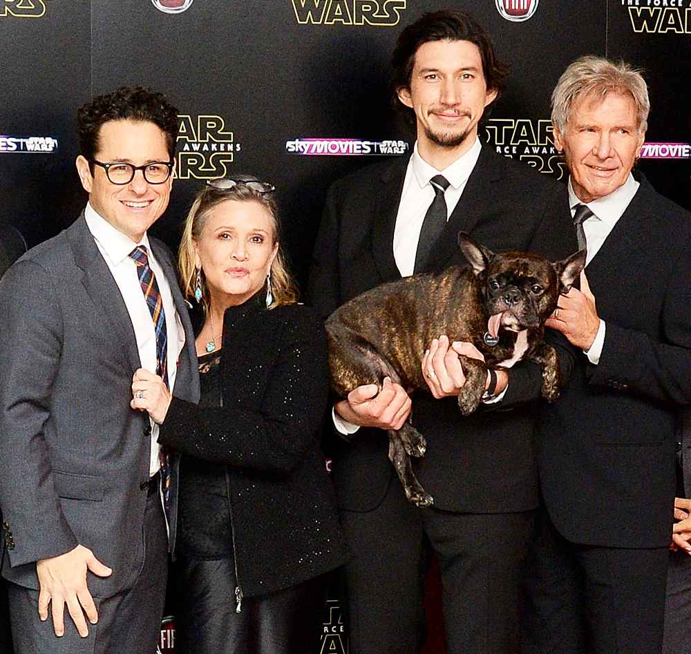 J.J. Abrams, Carrie Fisher, Adam Driver and Harrison Ford