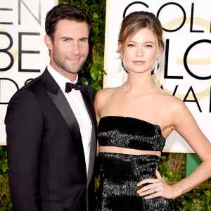 Adam Levine and Behati Prinsloo attend the 72nd Annual Golden Globe Awards at The Beverly Hilton Hotel on January 11, 2015 in Beverly Hills, California.