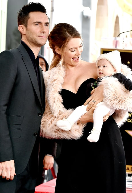 Adam Levine and Behati Prinsloo make their first public appearance with daughter, Dusty.