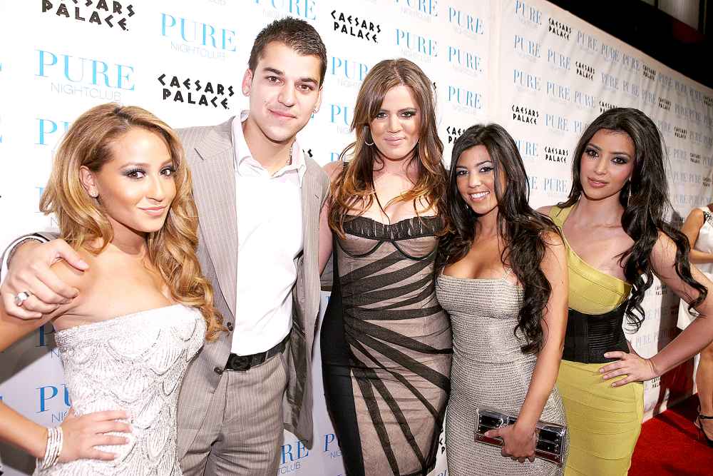 Adrienne Bailon, Robert Kardashian, Khloé Kardashian, Kourtney Kardashian and Kim Kardashian (from left) attend PURE Nightclub for Khloé Kardashian's birthday on June 27, 2008 in Las Vegas, NV.