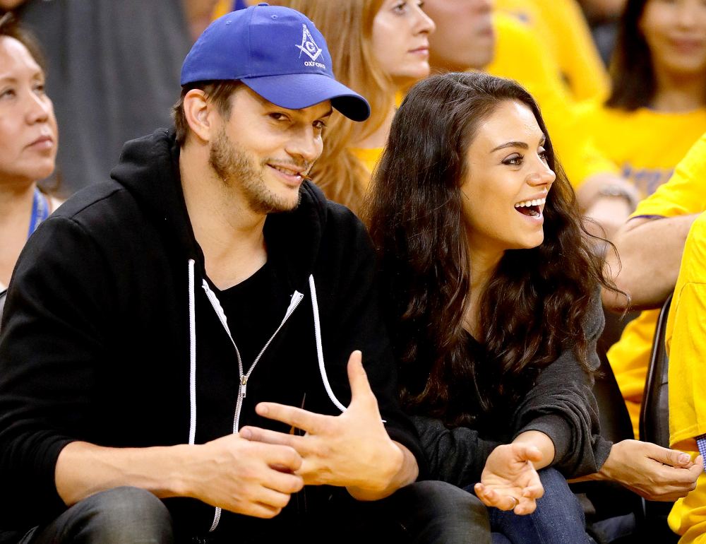 Ashton Kutcher and Mila Kunis attend Game 2 of the 2016 NBA Finals between the Golden State Warriors and the Cleveland Cavaliers at ORACLE Arena on June 5, 2016 in Oakland, California.