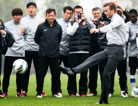 David Beckham Falls on His Butt Playing Soccer in China: See the Slip ...