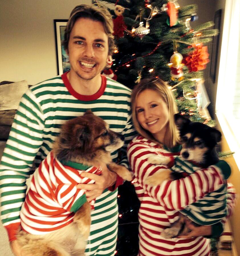 Dax Shepard and Kristen Bell with their dogs in matching outfits