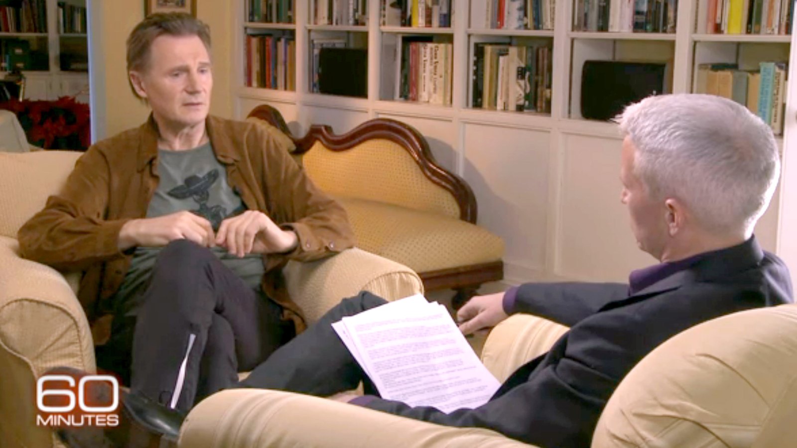 Liam Neeson during an interview with Anderson Cooper for 60 Minutes