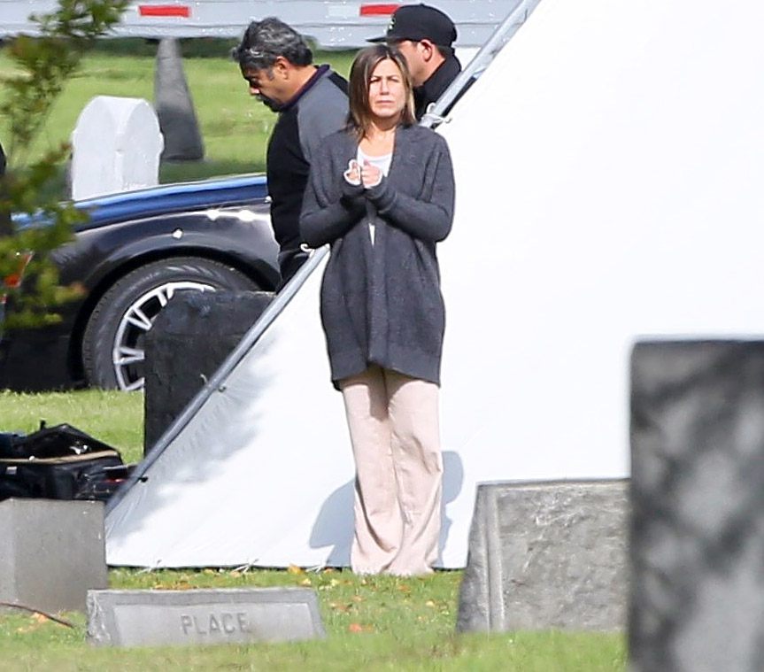 Jennifer Aniston filming "Cake" in Los Angeles on April 3, 2014