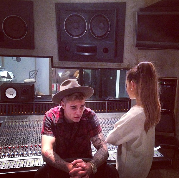 Justin Bieber and Ariana Grander in the studio on instagram