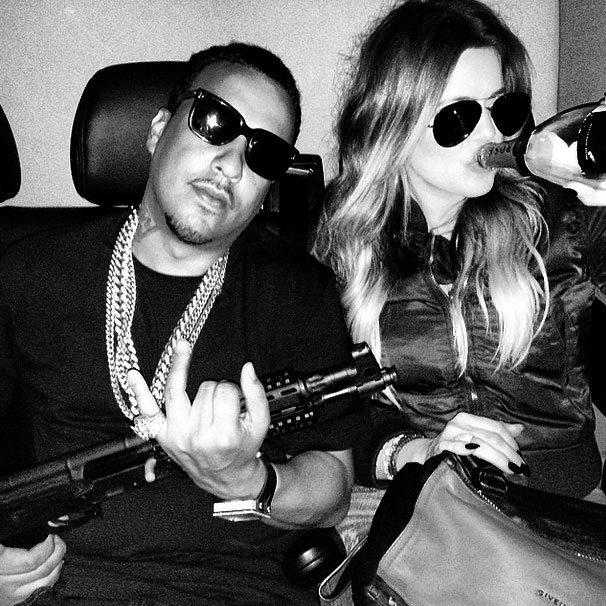 Khloe Kardashian and French Montana pose with a gun and alcohol