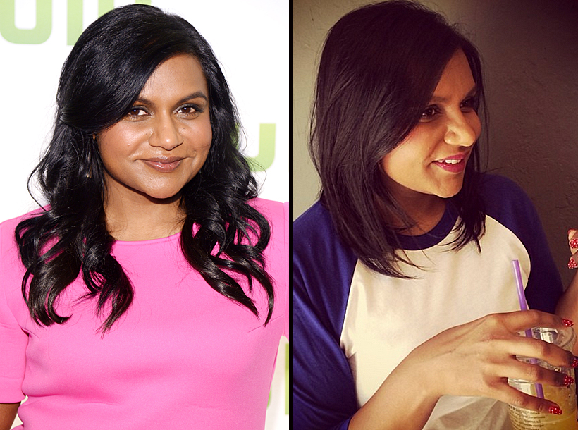 Mindy Kaling with long hair in April 2014 and with a bob in June 2014