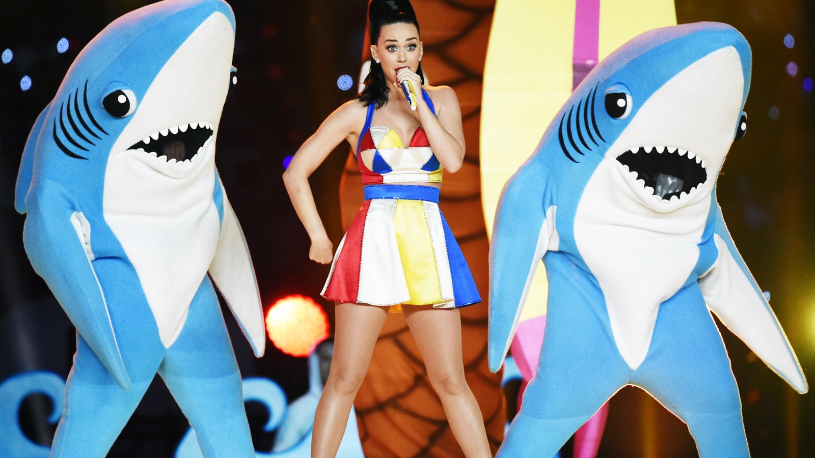 Katy Perry and her dancing sharks perform at Super Bowl XLIX halftime