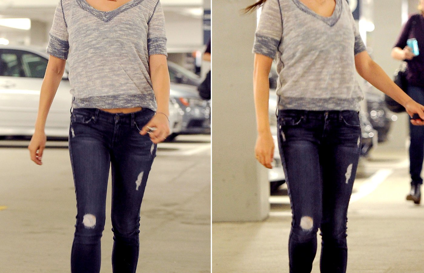 Mila Kunis shows her stomach in skinny jeans on Feb. 11, 2015.