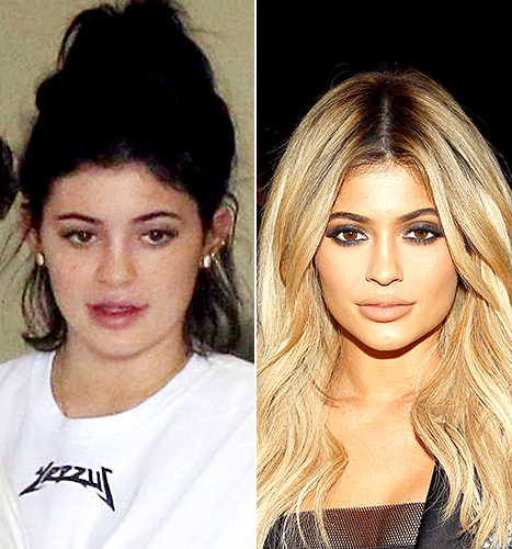 Kylie Jenner without makeup and Kylie Jenner with makeup.