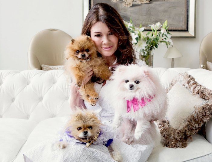 Lisa Vanderpump with her dogs Dadio, Giggy and Pink Dog during the VanderpumpPets' photo shoot on April 21, 2015 in Los Angeles, California.