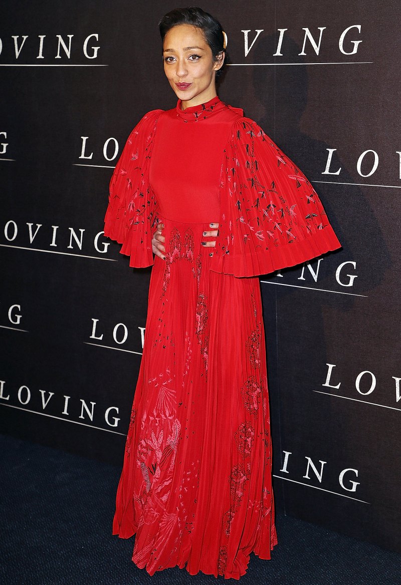 Ruth Negga Loving Paris premiere red big sleeves kimono cut out dress