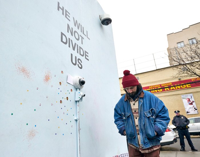 Shia LaBeouf visits an interactive installation he helped coordinate outside the Museum of the Moving Image on Thursday, January 26, 2017 in Queens, N.Y.