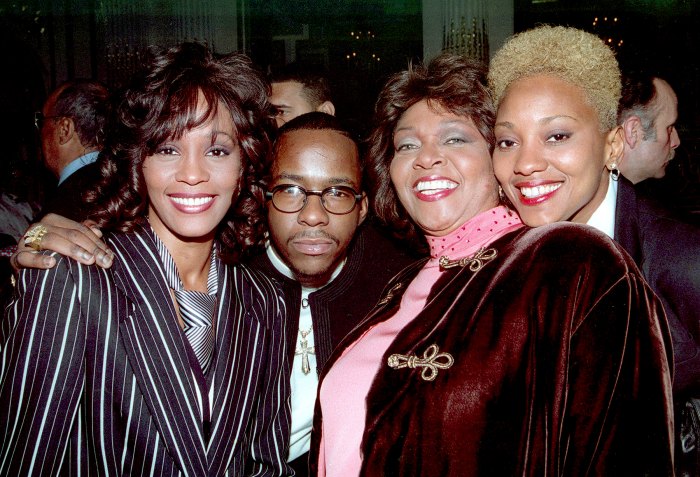Whitney Houston, Bobby Brown, Cissy Houston and Robin Crawford at the Arista Pre-Grammy Party. February 1, 1994.