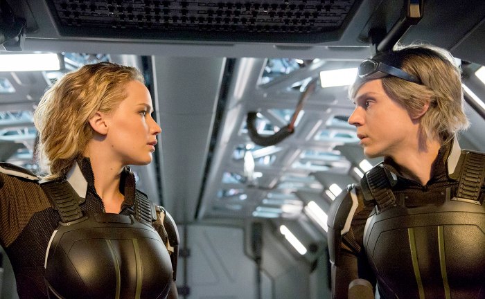 Jennifer Lawrence as Rave /Mystique and Evan Peters as Peter/Quicksilver in X-MEN: APOCALYPSE.