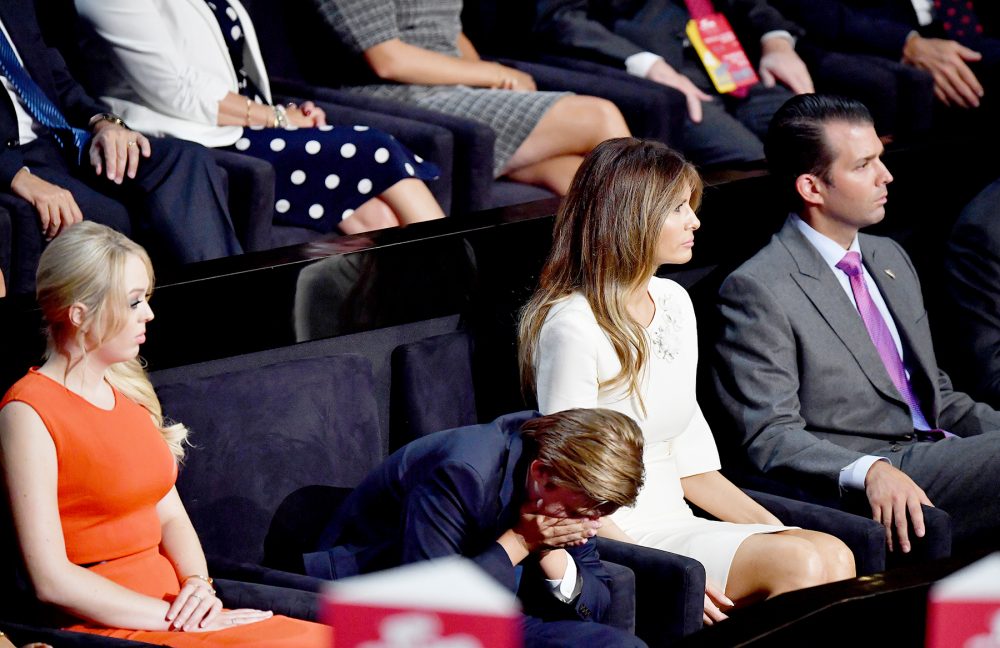 Tiffany Trump, Barron Trump, Melania Trump and Donald Trump Jr. listen to Republican presidential candidate Donald Trump deliver his speech on the fourth day of the Republican National Convention on July 21, 2016 at the Quicken Loans Arena in Cleveland, Ohio.