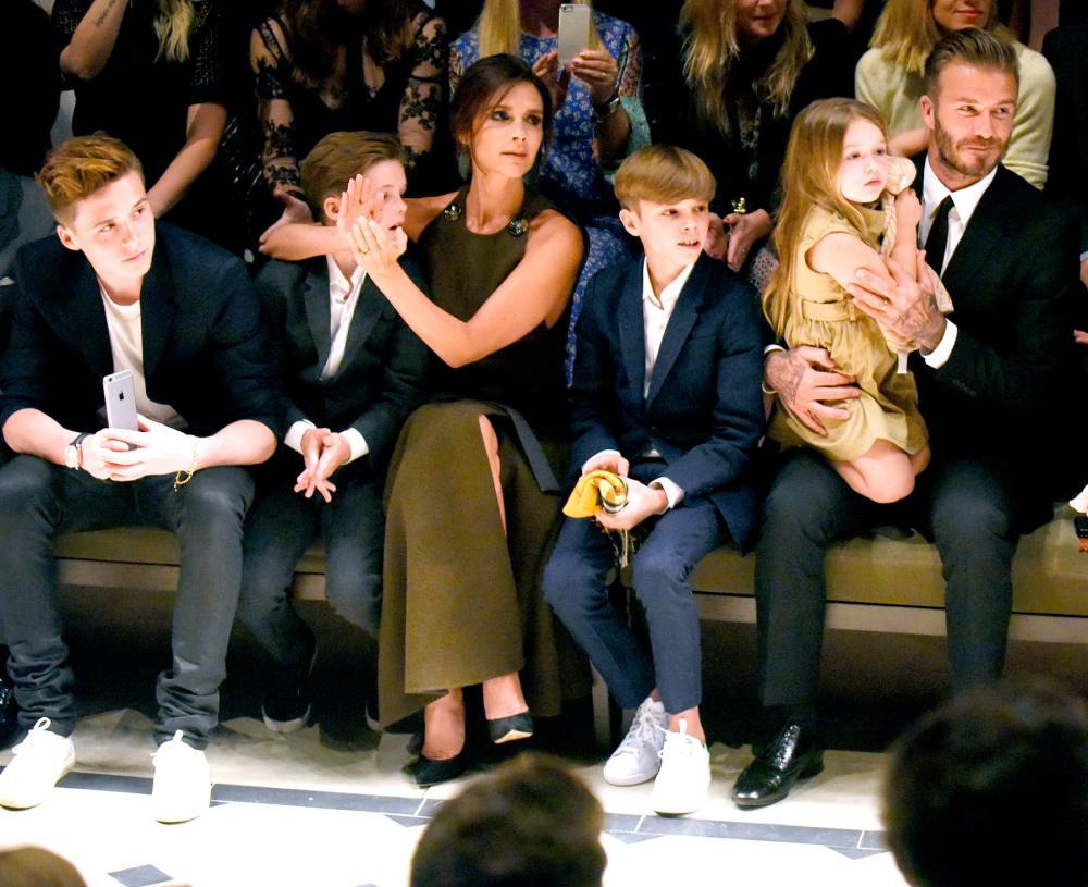 Brooklyn Beckham, Cruz Beckham, Victoria Beckham, Romeo Beckham, Harper Beckham, and David Beckham attend the Burberry "London in Los Angeles" event at Griffith Observatory on April 16, 2015 in Los Angeles, California.