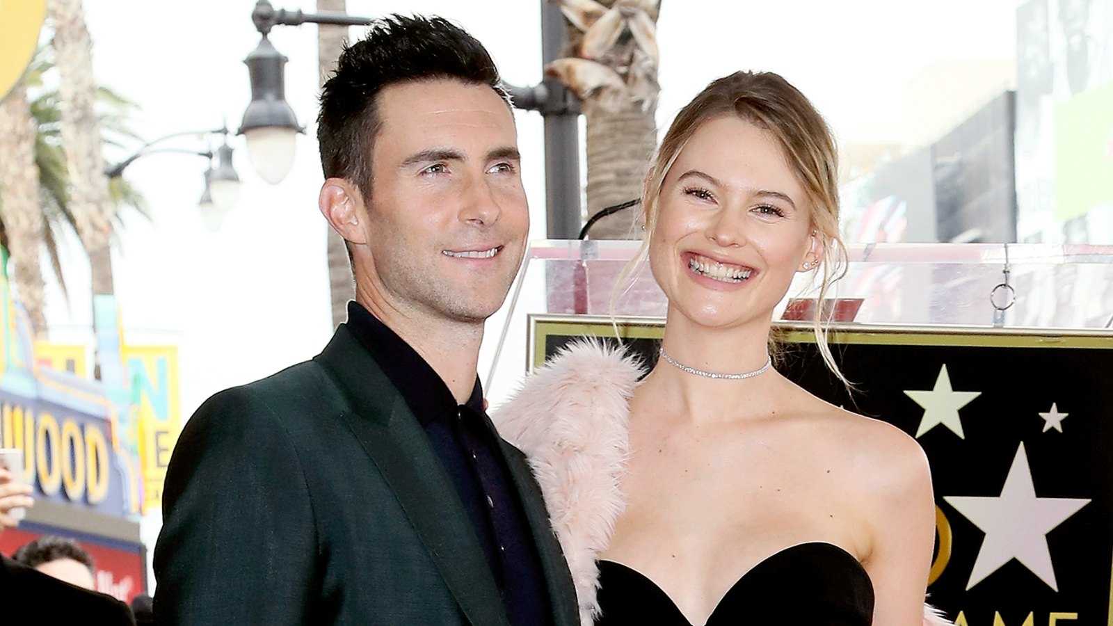 Adam Levine and Behati Prinsloo attend his being honored with a Star on the Hollywood Walk of Fame on February 10, 2017 in Hollywood, California.
