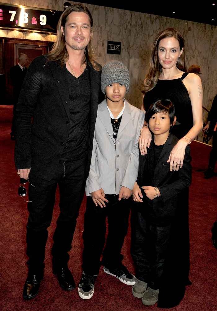 Brad Pitt, Maddox Jolie-Pitt, Pax Jolie-Pitt and Angelina Jolie attend the World Premiere of 'World War Z' at The Empire Cinema Leicester Square on June 2, 2013 in London, England.