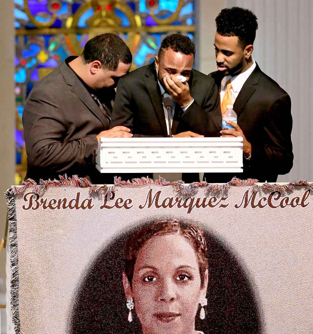 Sons Michael Marquez, from left, Isaiah Henderson and Robert Presley grieve during the funeral of Pulse shooting victim Brenda Lee Marquez McCool at First United Methodist Church in Orlando, Fla., on Monday, June 20, 2016.
