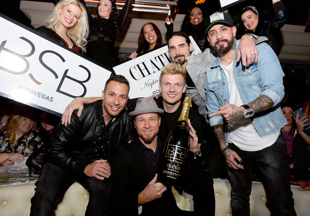 Howie Dorough, Brian Littrell, Nick Carter, Kevin Richardson and A.J. McLean of the Backstreet Boys attend the after party of the debut of the group's residency "Larger Than Life" at the Chateau Nightclub & Rooftop at the Paris Las Vegas on March 2, 2017 in Las Vegas, Nevada.