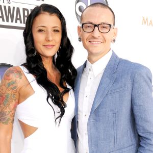 Chester Bennington of Linkin Park and wife Talinda Ann Bentley (L) arrive at the 2012 Billboard Music Awards at the MGM Grand Garden Arena on May 20, 2012 in Las Vegas, Nevada.