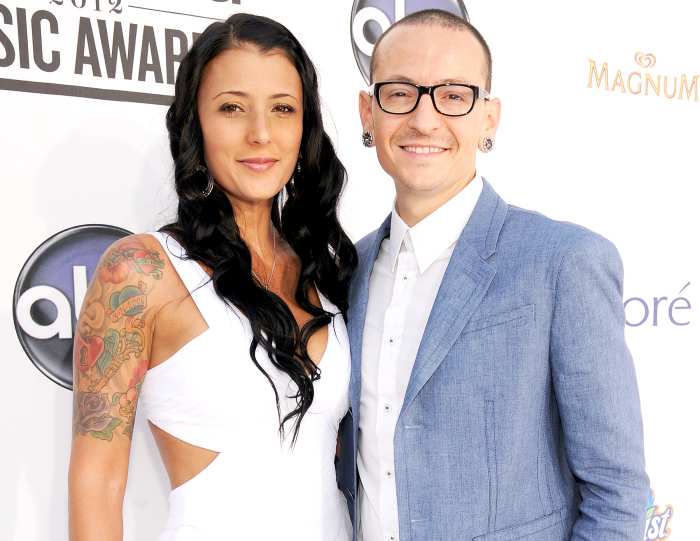 Chester Bennington of Linkin Park and wife Talinda Ann Bentley (L) arrive at the 2012 Billboard Music Awards at the MGM Grand Garden Arena on May 20, 2012 in Las Vegas, Nevada.