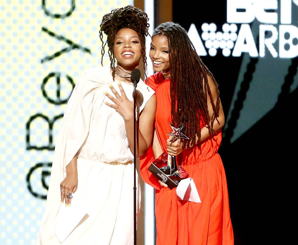 Chloe Bailey and Halle Bailey of Chloe x Halle accept Coca-Cola Viewer's Choice Award on behalf of Beyonce onstage at 2017 BET Awards at Microsoft Theater on June 25, 2017 in Los Angeles, California.