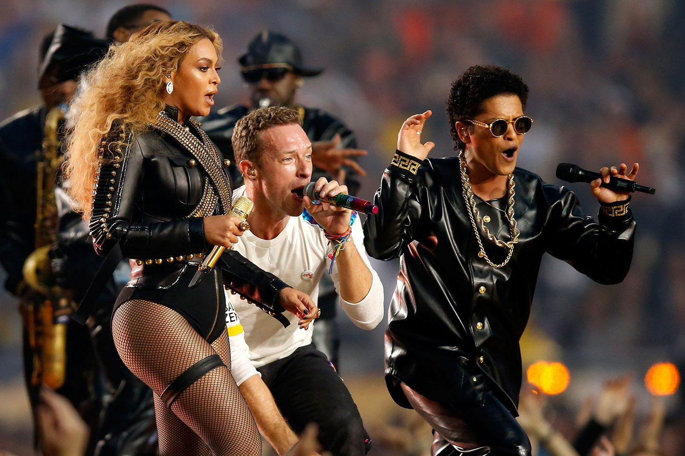 Beyonce, Chris Martin of Coldplay and Bruno Mars perform during the Pepsi Super Bowl 50 halftime show