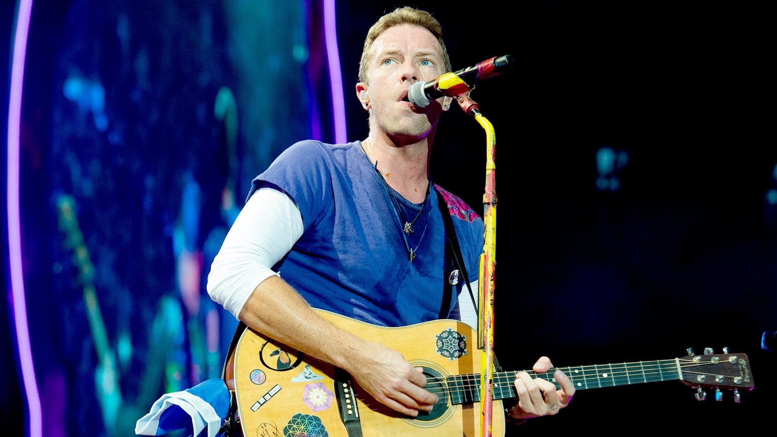 Chris Martin from Coldplay performs at Stade de France on July 15, 2017 in Paris, France.