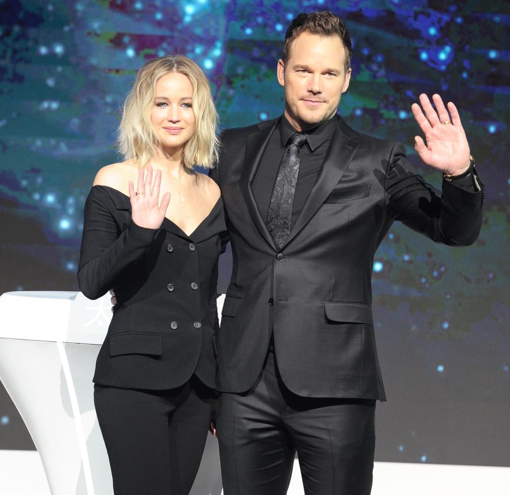 Jennifer Lawrence and Chris Pratt attend the press conference of director Morten Tyldum's film