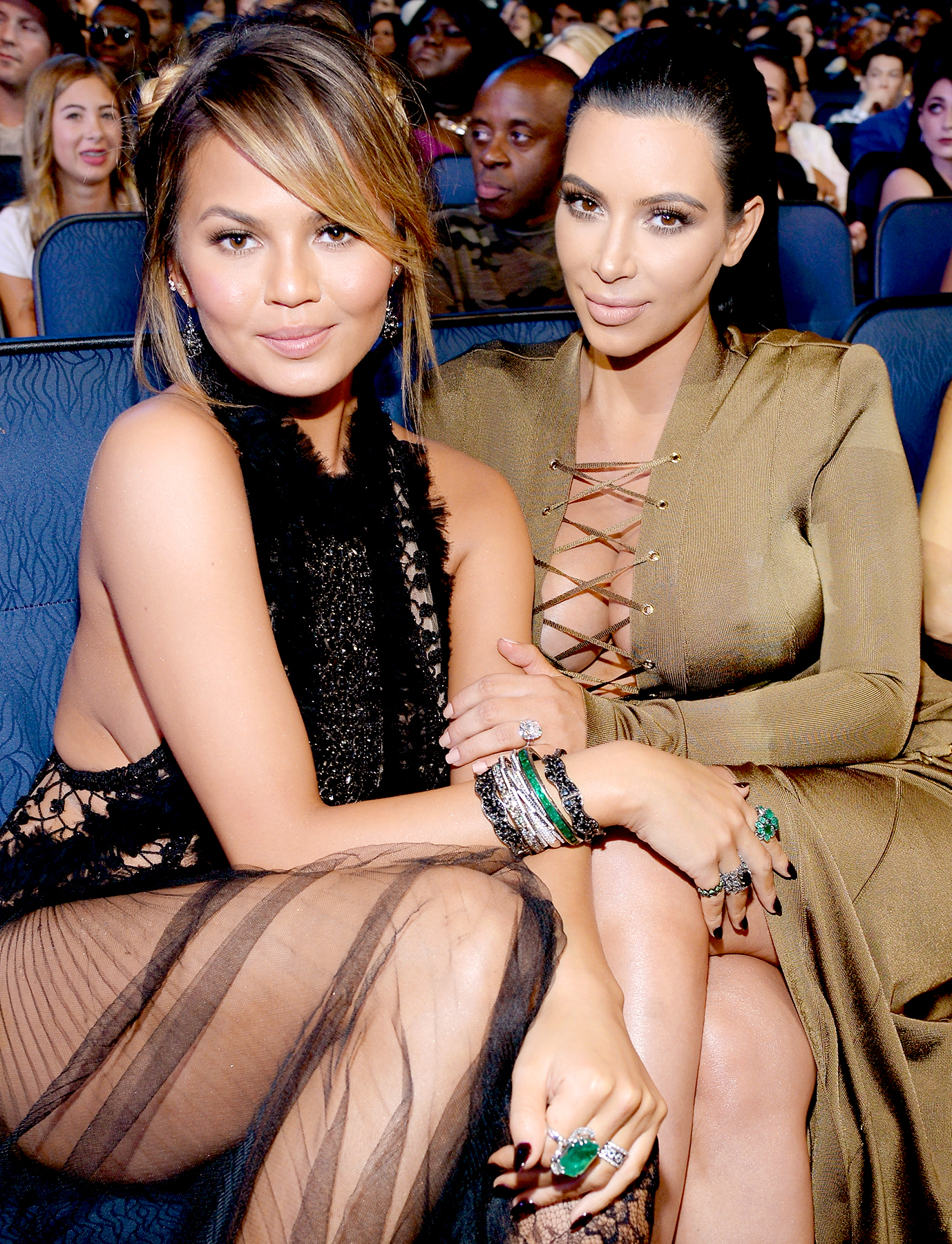 Chrissy Teigen and Kim Kardashian West attend the 2015 MTV Video Music Awards at Microsoft Theater on August 30, 2015 in Los Angeles, California.