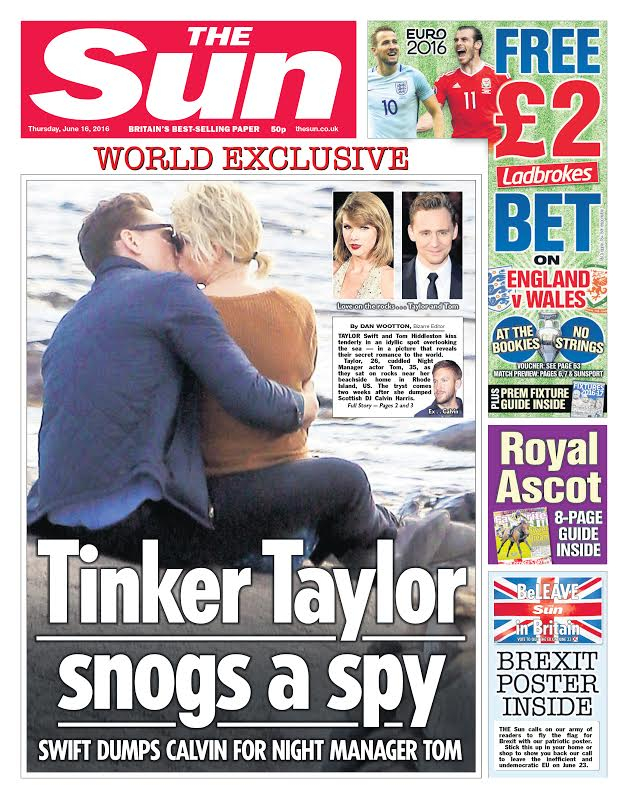 Taylor Swift and Tom Hiddleston on the cover of 'The Sun.'