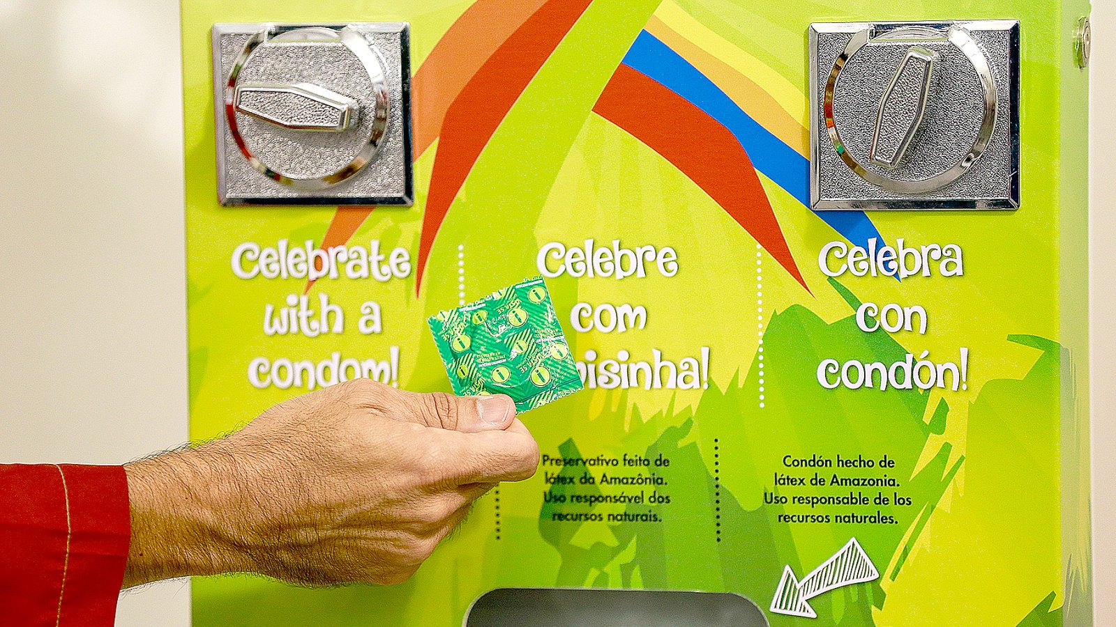 A condoms' distribution machine at the Olympic and Paralympic Village for the 2016 Rio Olympic Games displaying the Olympic Rings in Barra da Tijuca.
