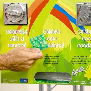 A condoms' distribution machine at the Olympic and Paralympic Village for the 2016 Rio Olympic Games displaying the Olympic Rings in Barra da Tijuca.